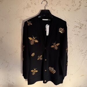 Alice + Olivia "Bradford" Cardigan - Queen Bee & Crown - Black/Gold - Size NWT